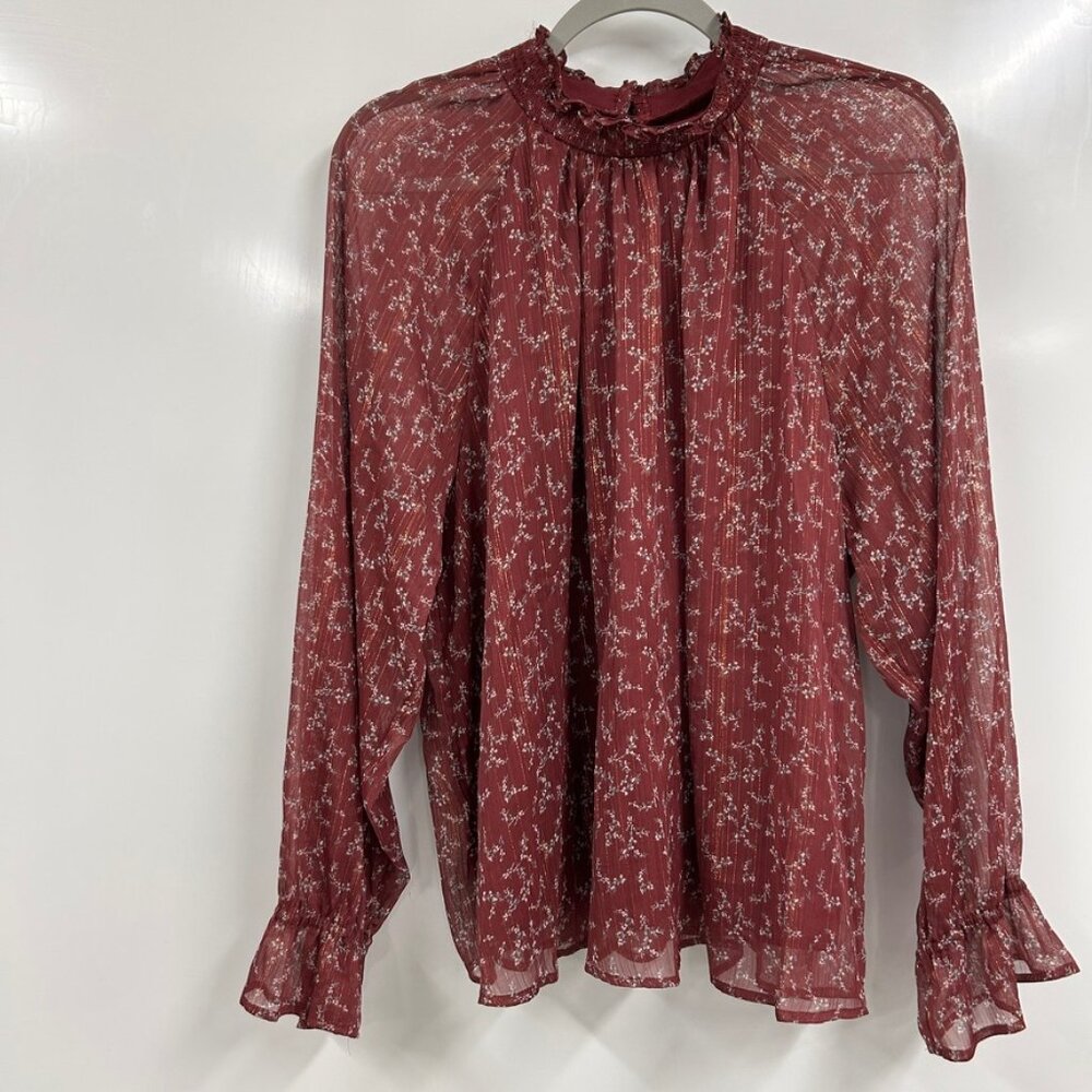 Lauren Conrad XL Whimsical Romantic Burgundy‎ Sheer Floral Grandmacore Blouse